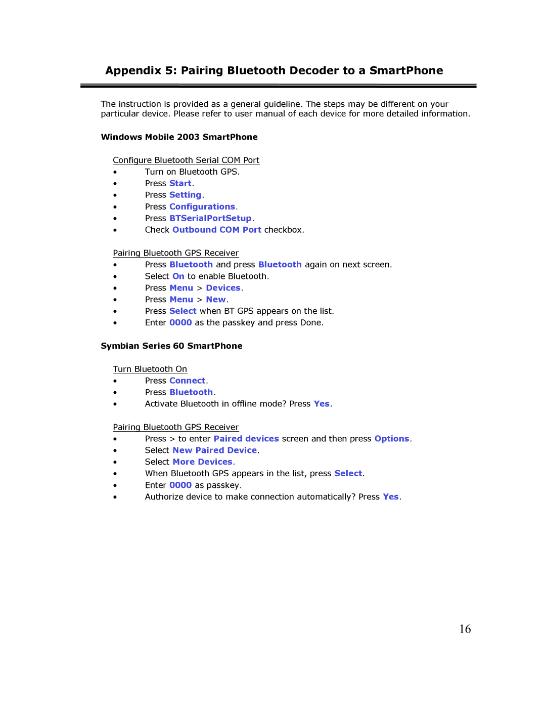 Cingular TR-1 manual Appendix 5 Pairing Bluetooth Decoder to a SmartPhone, Windows Mobile 2003 SmartPhone 