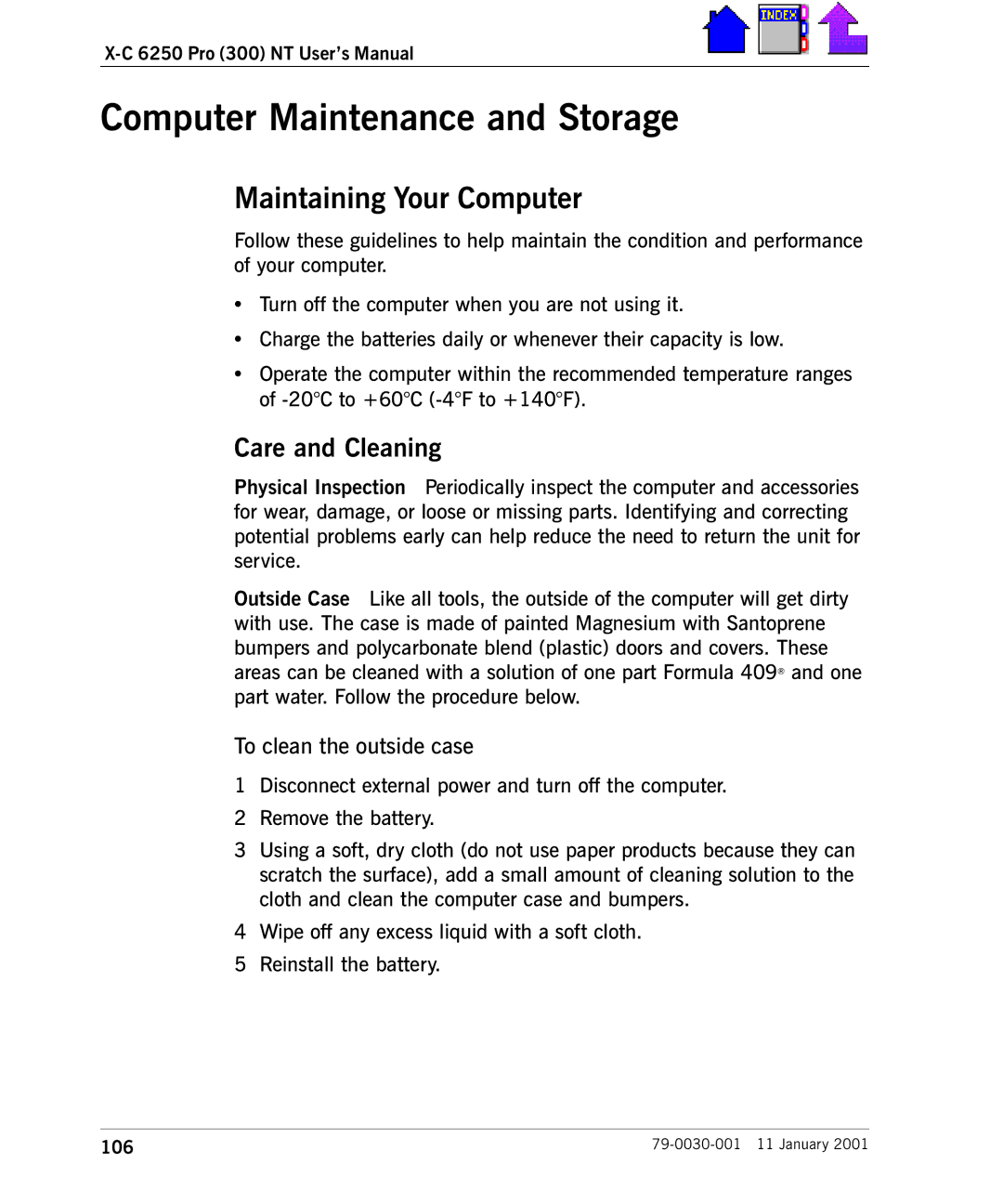 Cingular X-C 6250 Pro (300) manual Computer Maintenance and Storage, Maintaining Your Computer, Care and Cleaning 