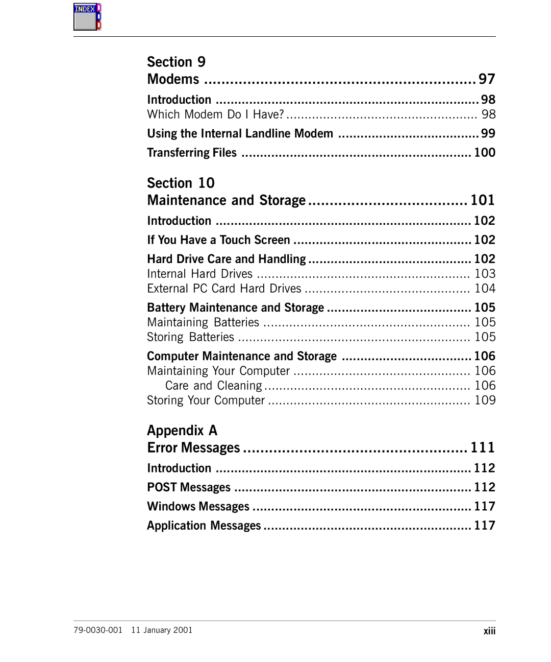 Cingular X-C 6250 Pro (300) manual Section Modems, Section Maintenance and Storage 101, Appendix a Error Messages 111 