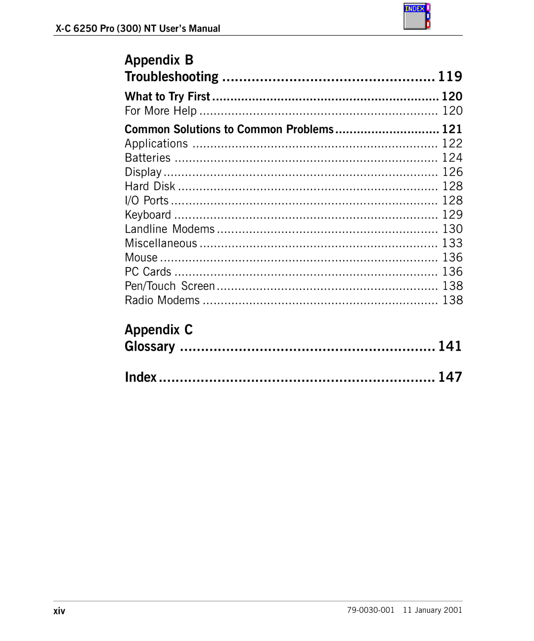 Cingular X-C 6250 Pro (300) manual Appendix B Troubleshooting 119, Appendix C Glossary 141 Index 147 