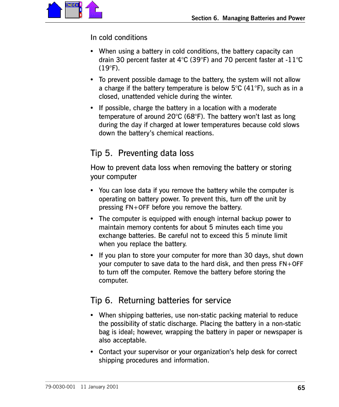 Cingular X-C 6250 Pro (300) manual Tip 5. Preventing data loss, Tip 6. Returning batteries for service, Cold conditions 