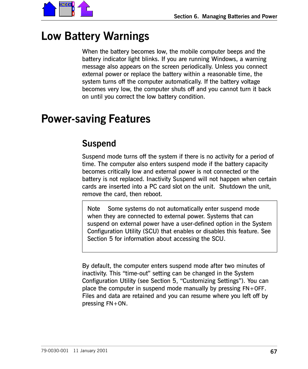 Cingular X-C 6250 Pro (300) manual Low Battery Warnings, Power-saving Features, Suspend 