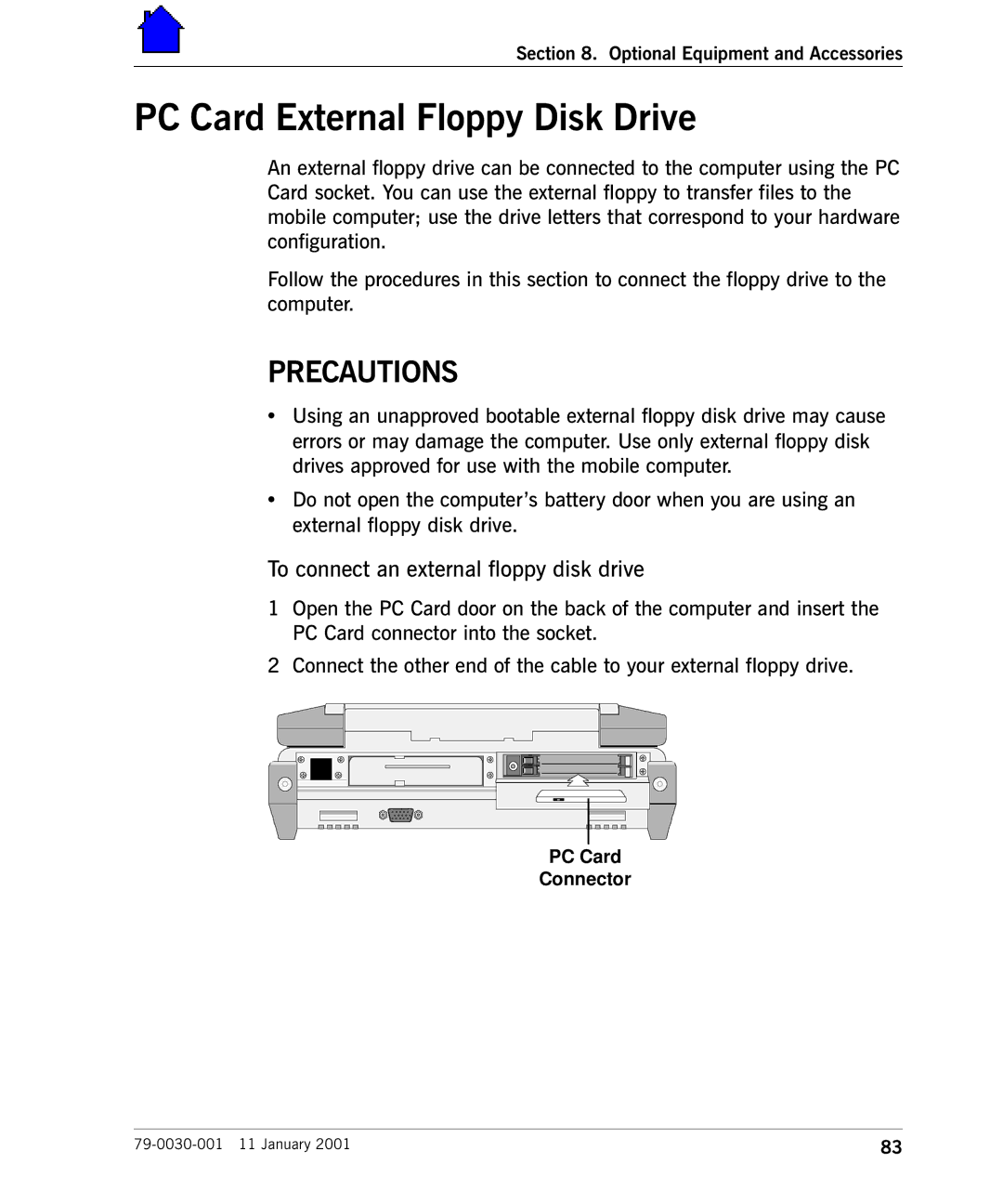 Cingular X-C 6250 Pro (300) manual PC Card External Floppy Disk Drive, To connect an external floppy disk drive 