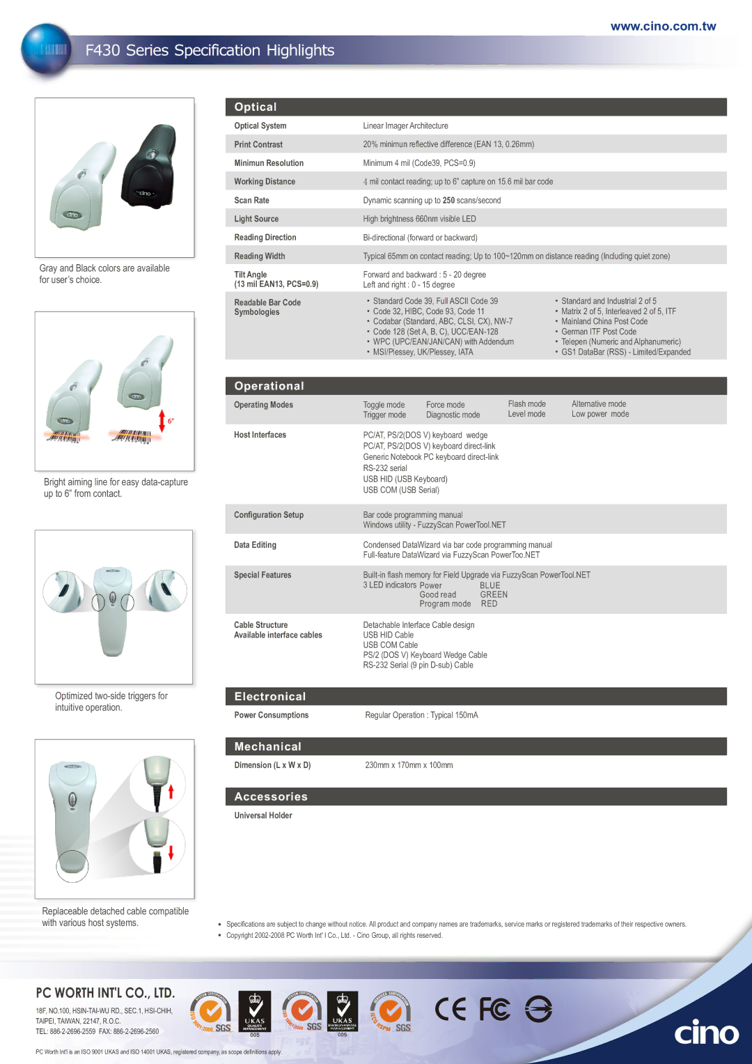 Cino F430 manual Optical, Operational, Electronical, Mechanical, Accessories 