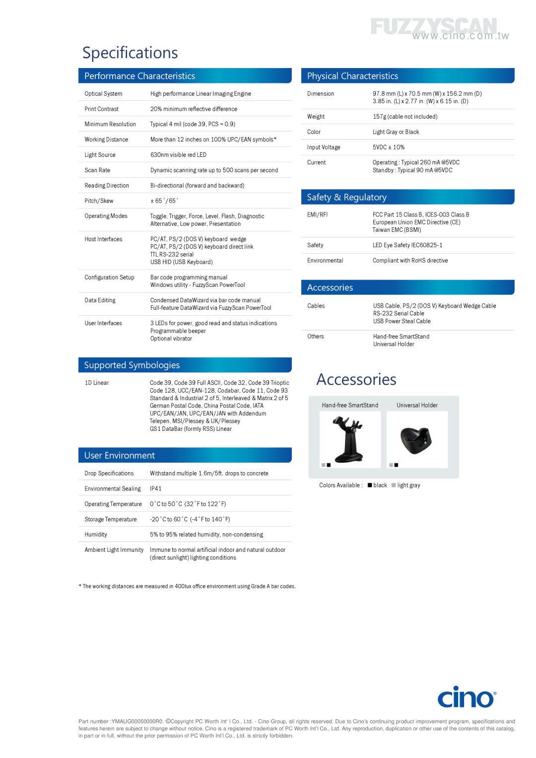 Cino F760 Performance Characteristics, Physical Characteristics, Safety & Regulatory, Accessories, Supported Symbologies 