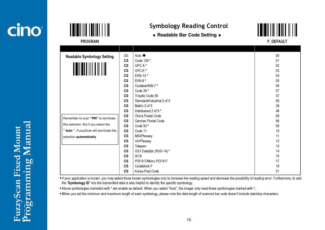 Cino FM400 manual Readable Bar Code Setting, Readable Symbology Setting 