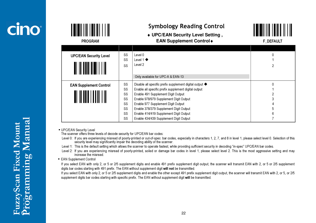 Cino FM400 manual UPC/EAN Security Level Setting, UPC/EAN Security Level EAN Supplement Control 