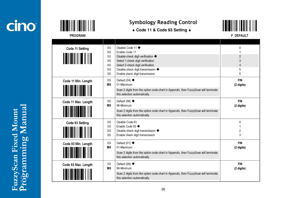 Cino FM400 manual Code 11 & Code 93 Setting 