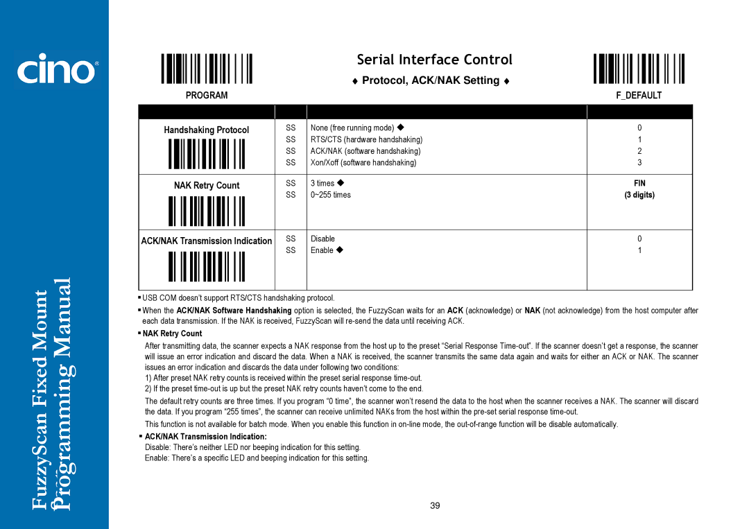 Cino FM400 manual Protocol, ACK/NAK Setting 