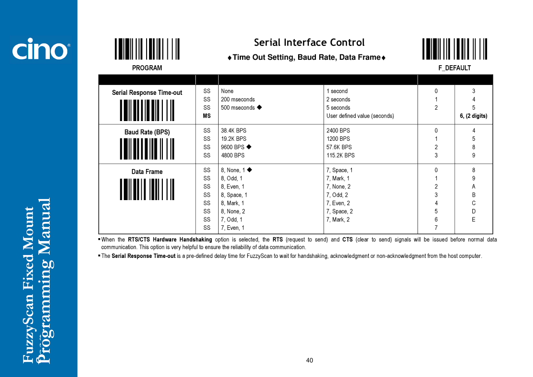 Cino FM400 manual Time Out Setting, Baud Rate, Data Frame, Serial Response Time-out Baud Rate BPS Data Frame 