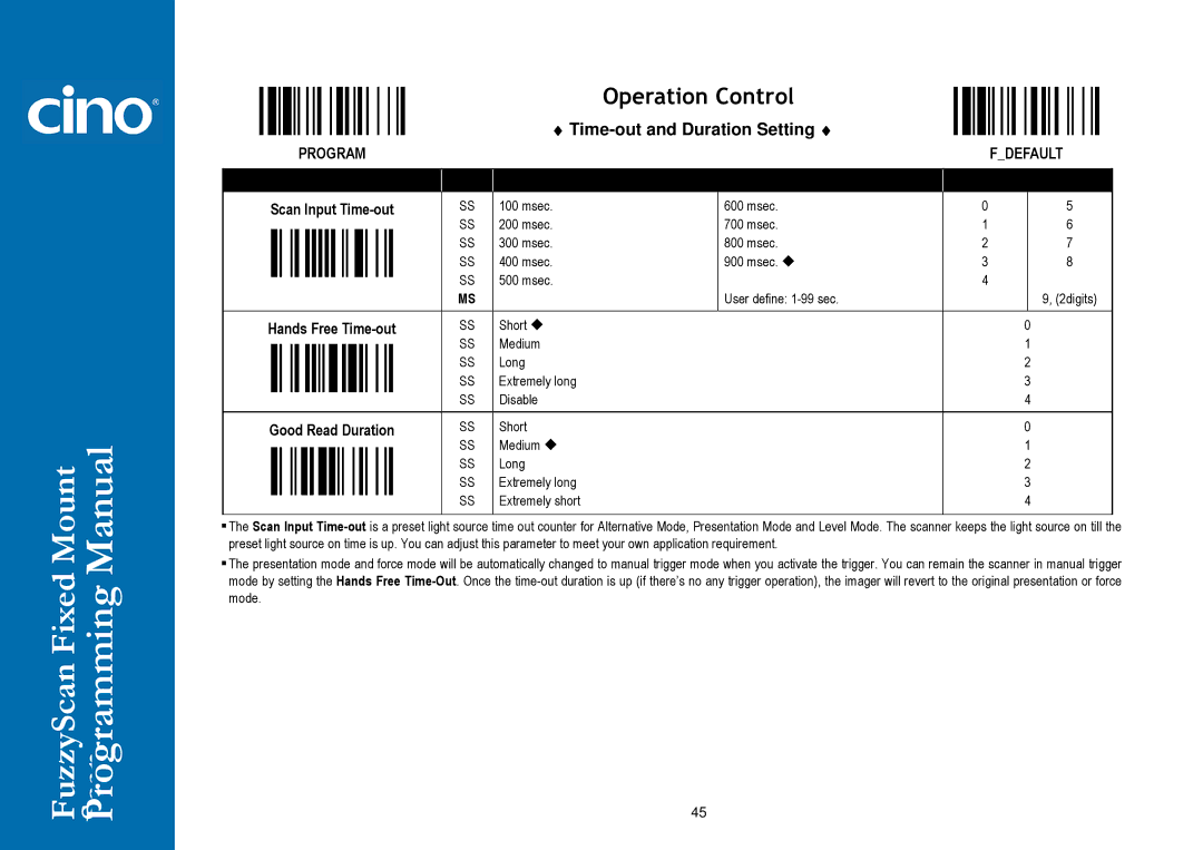 Cino FM400 manual Time-out and Duration Setting, Scan Input Time-out Hands Free Time-out Good Read Duration 