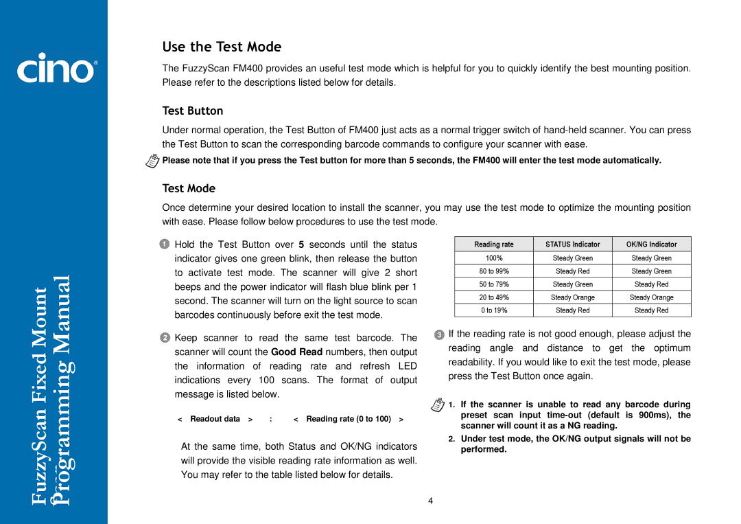 Cino FM400 manual Use the Test Mode, Test Button 