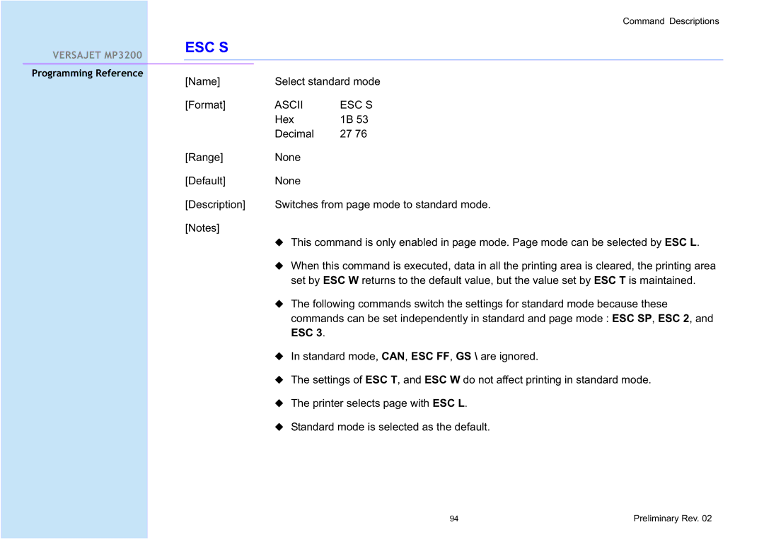 Cino MP3200 manual Esc S, Ascii ESC S 