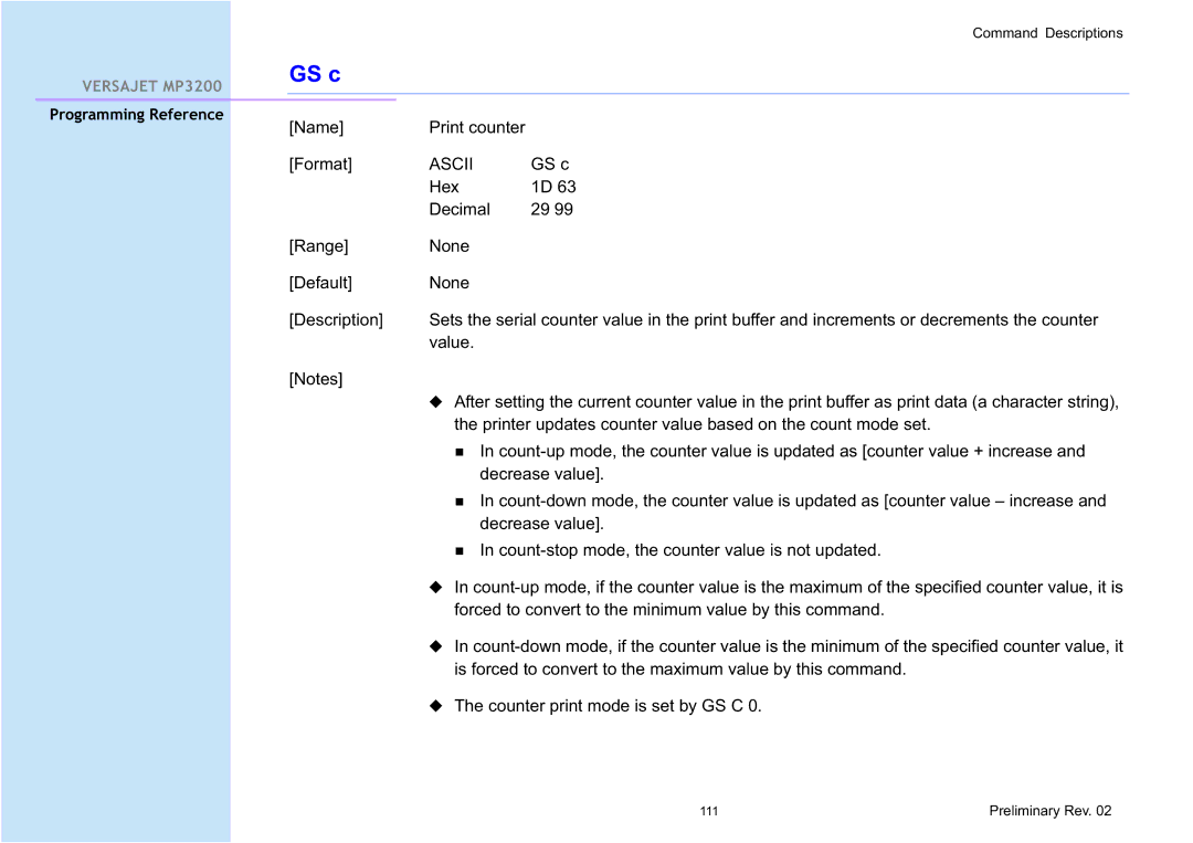 Cino MP3200 manual Name Print counter Format 