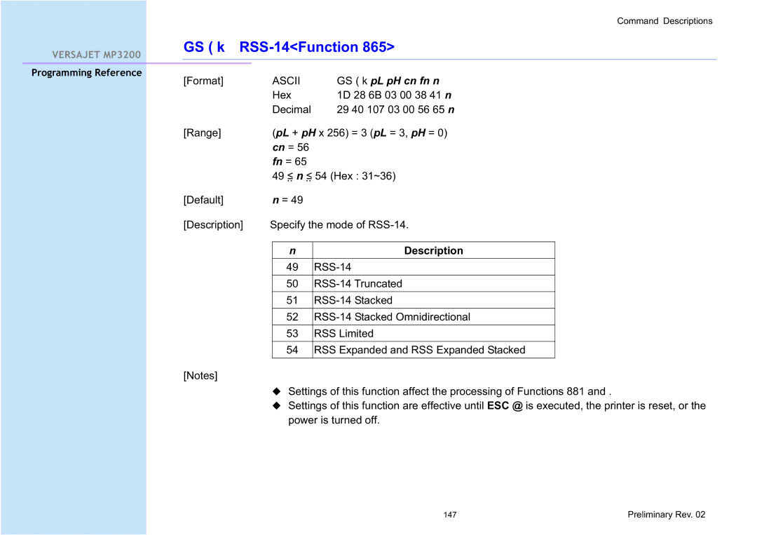 Cino MP3200 manual GS k RSS-14Function, GS k pL pH cn fn n 