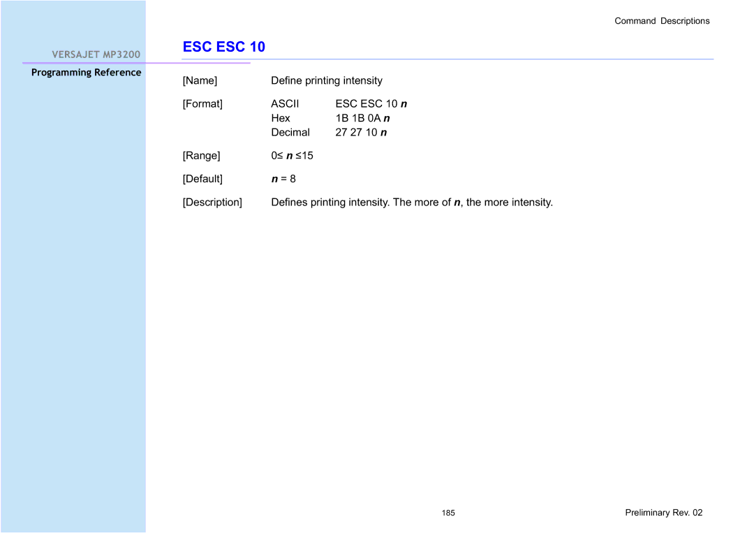 Cino MP3200 manual Name Define printing intensity Format 