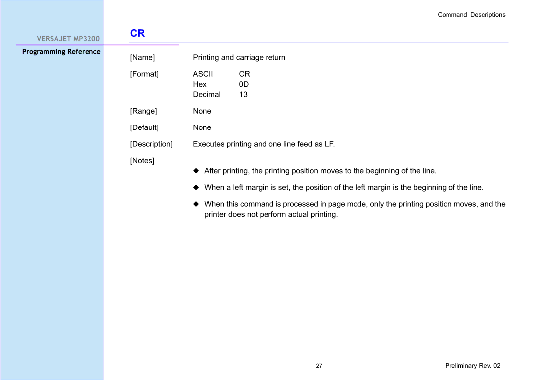 Cino MP3200 manual Name Printing and carriage return Format 