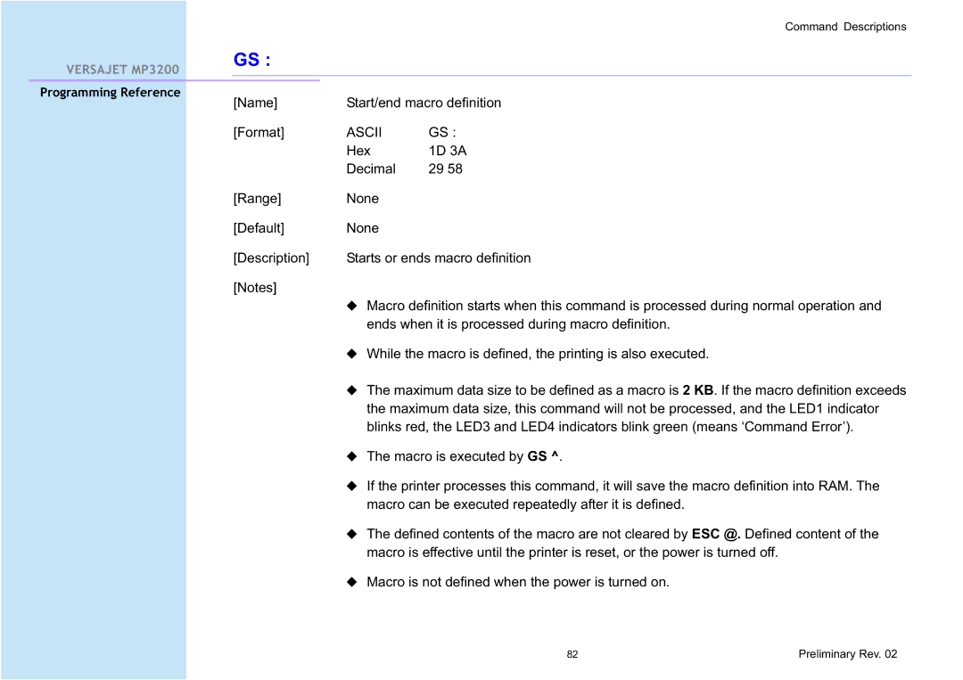 Cino MP3200 manual Name Start/end macro definition Format 