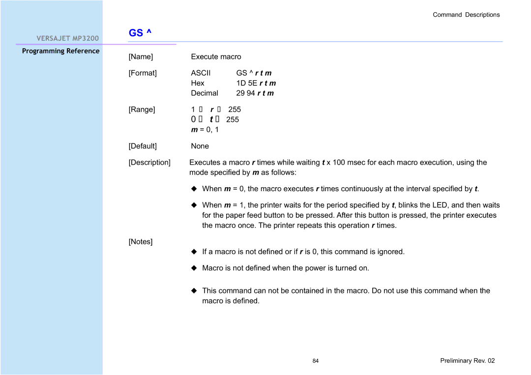 Cino MP3200 manual Name Execute macro Format 