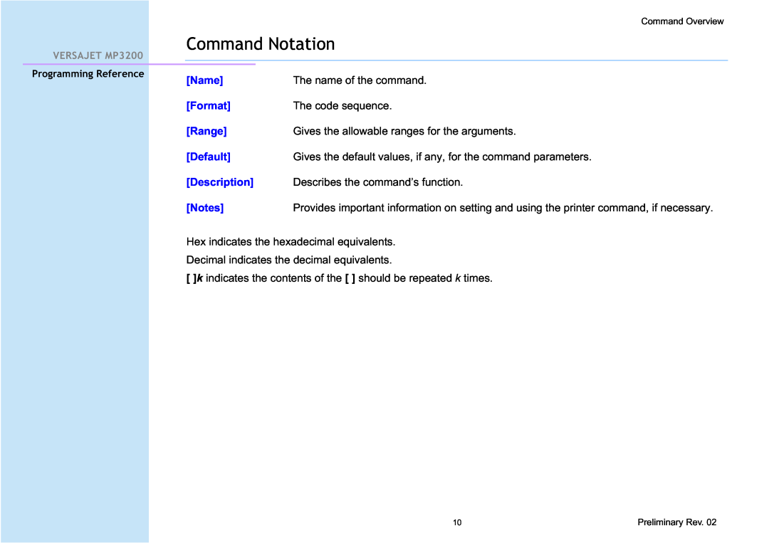 Cino MP3200 manual Command Notation 