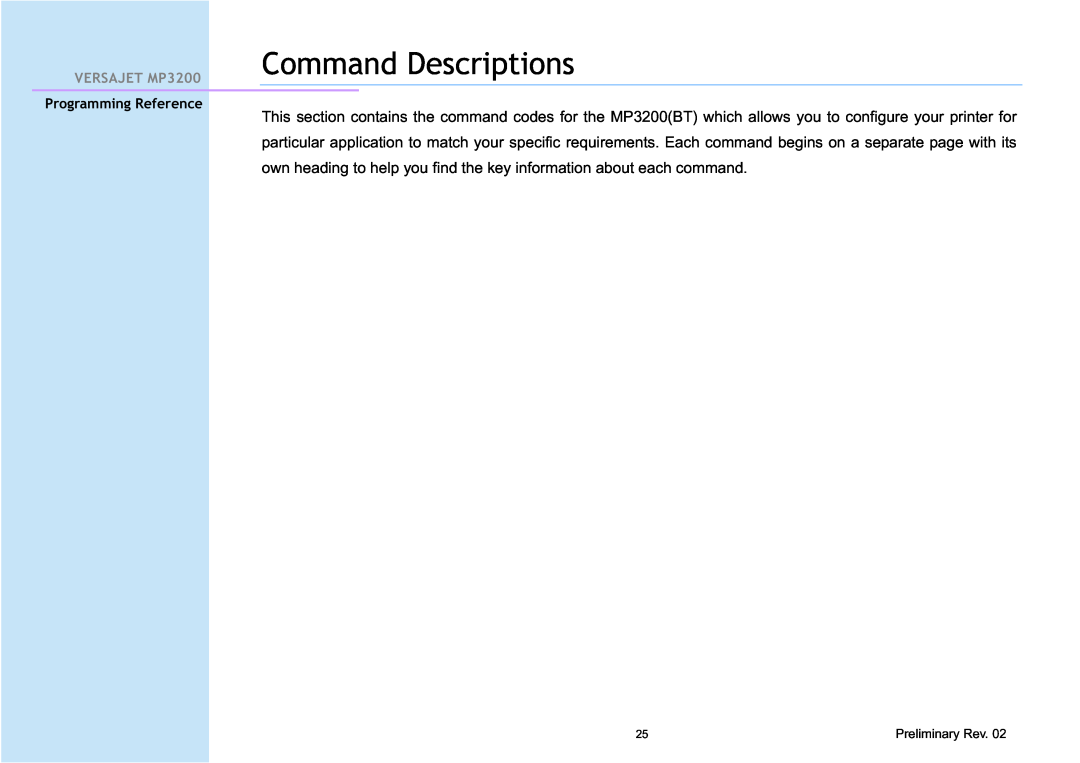 Cino manual Command Descriptions, VERSAJET MP3200, Programming Reference 