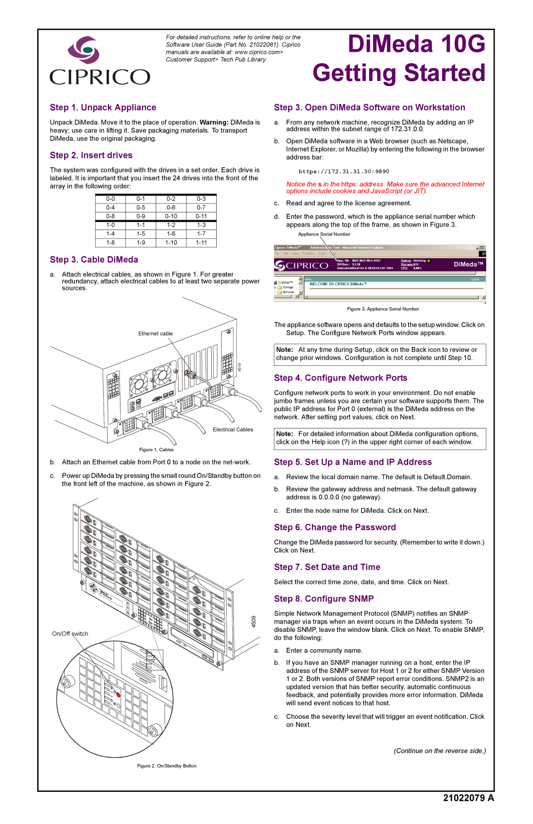 Ciprico 10G manual Unpack Appliance, Insert drives, Cable DiMeda, Open DiMeda Software on Workstation, Change the Password 