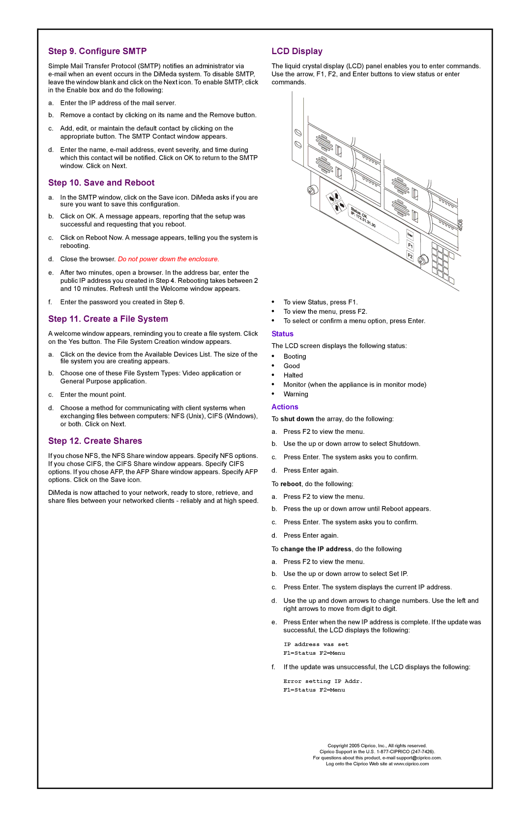 Ciprico 10G manual Configure Smtp, Save and Reboot, Create a File System, Create Shares, LCD Display 