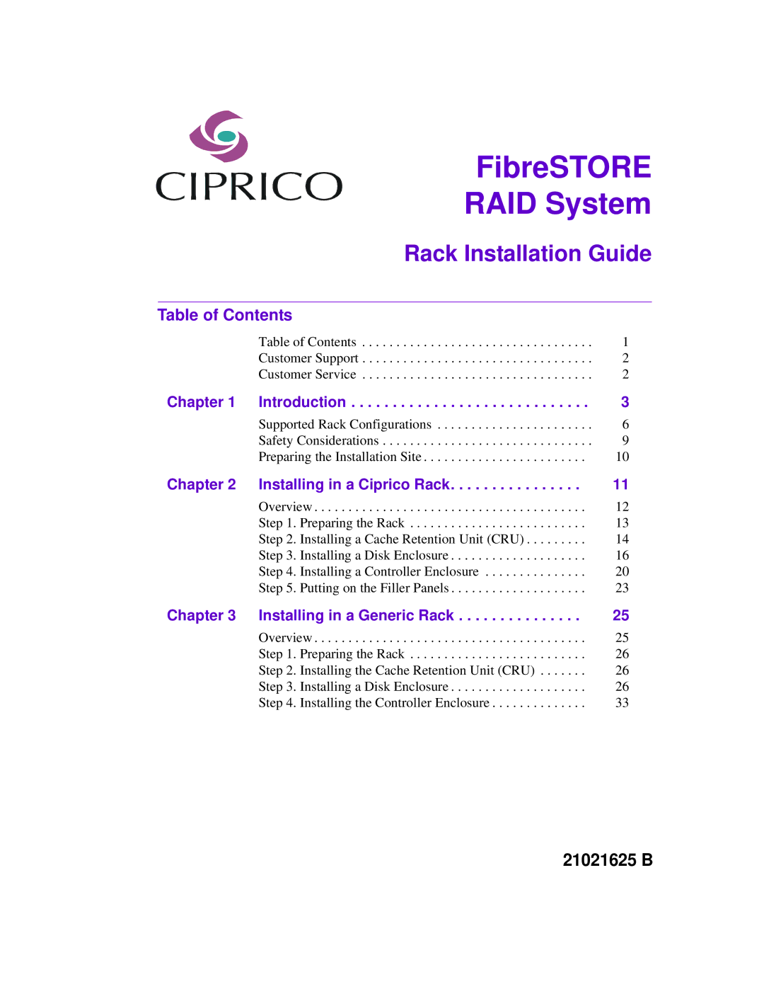 Ciprico 21021625 B manual RAID System, Table of Contents 