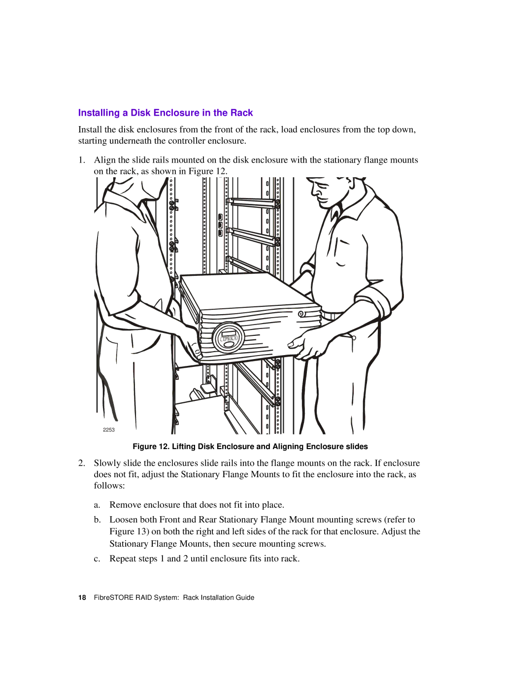 Ciprico 21021625 B manual Installing a Disk Enclosure in the Rack, Lifting Disk Enclosure and Aligning Enclosure slides 