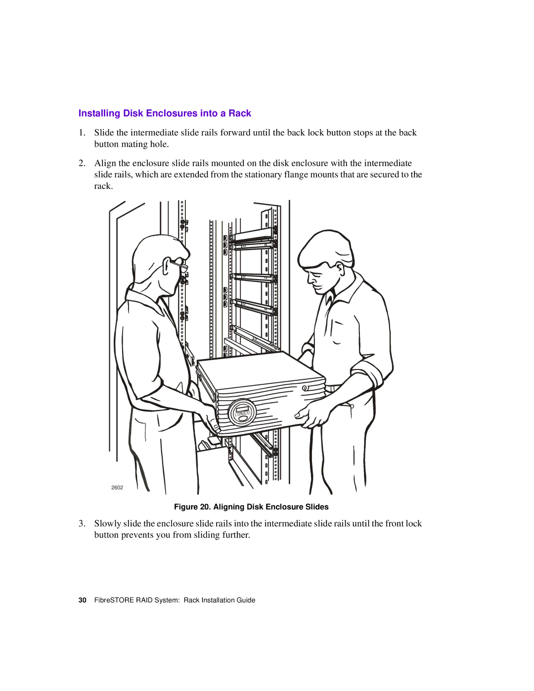 Ciprico 21021625 B manual Installing Disk Enclosures into a Rack, Aligning Disk Enclosure Slides 