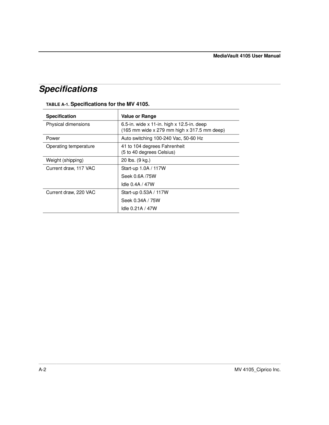 Ciprico 4105 Series user manual Table A-1.Specifications for the MV, Specification Value or Range 