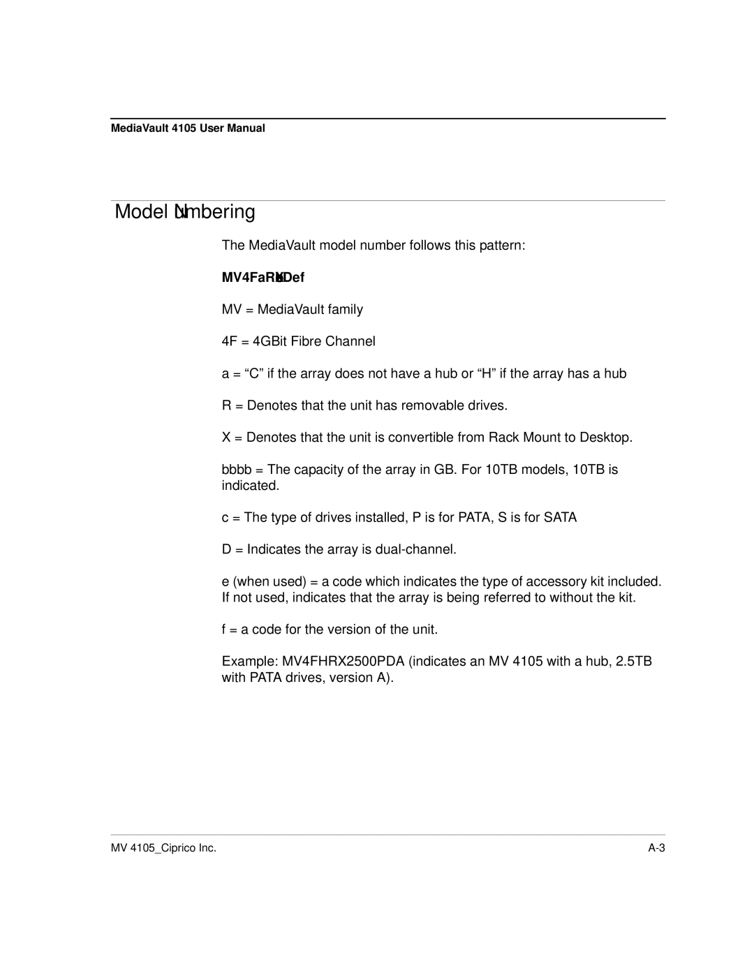 Ciprico 4105 Series user manual Model Numbering, MV4FaRXbbbbcDef 