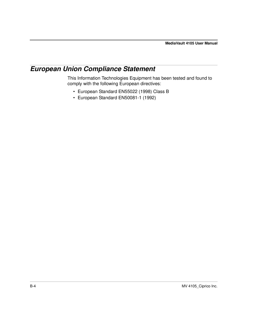 Ciprico 4105 Series user manual European Union Compliance Statement 