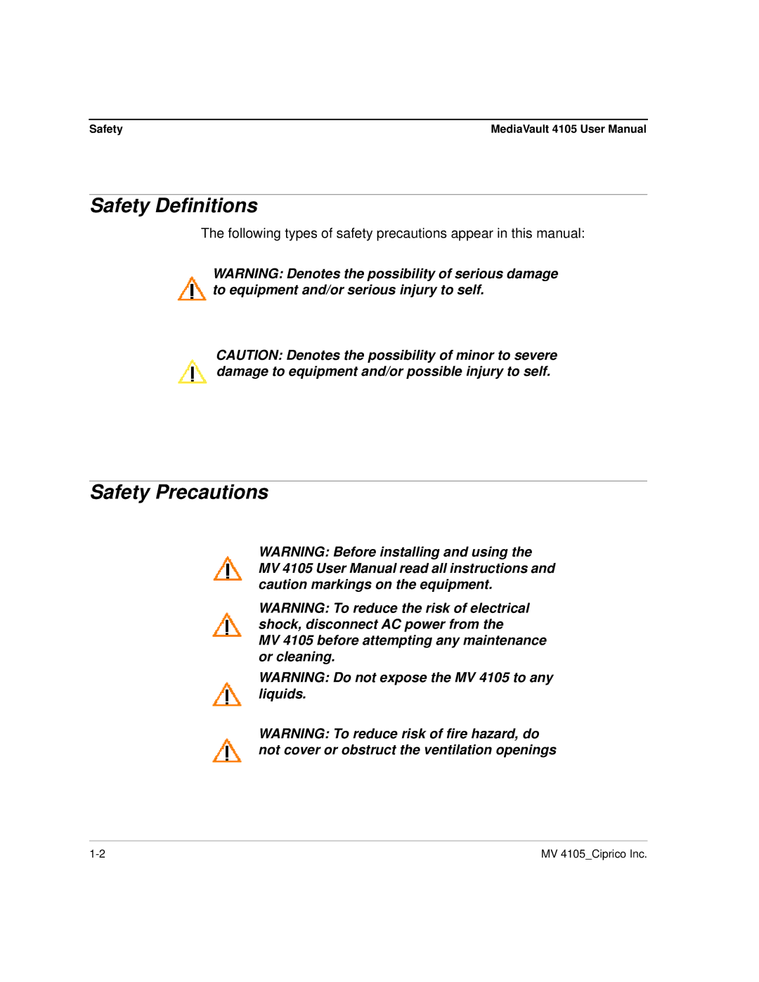 Ciprico 4105 Series user manual Safety Definitions, Safety Precautions 