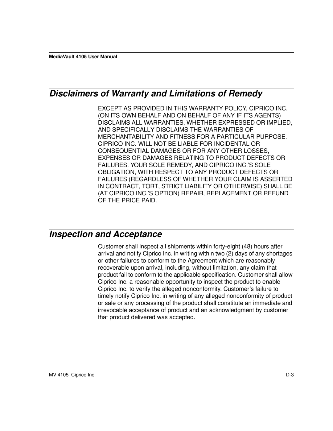 Ciprico 4105 Series user manual Disclaimers of Warranty and Limitations of Remedy, Inspection and Acceptance 