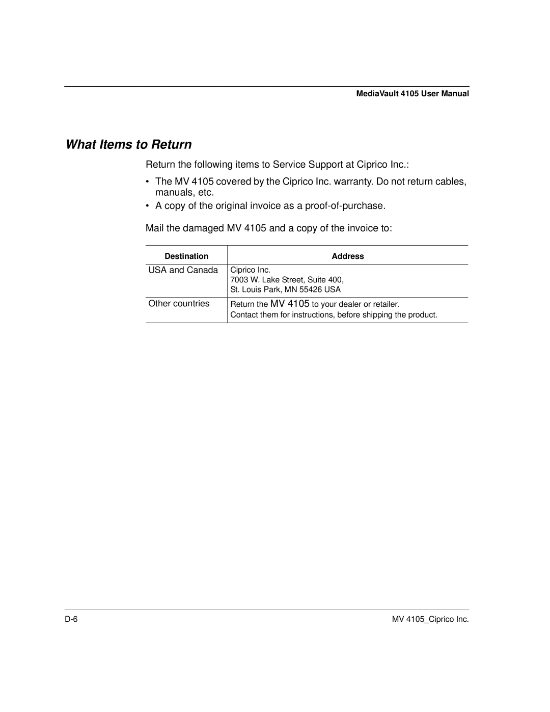 Ciprico 4105 Series user manual What Items to Return, Destination Address 