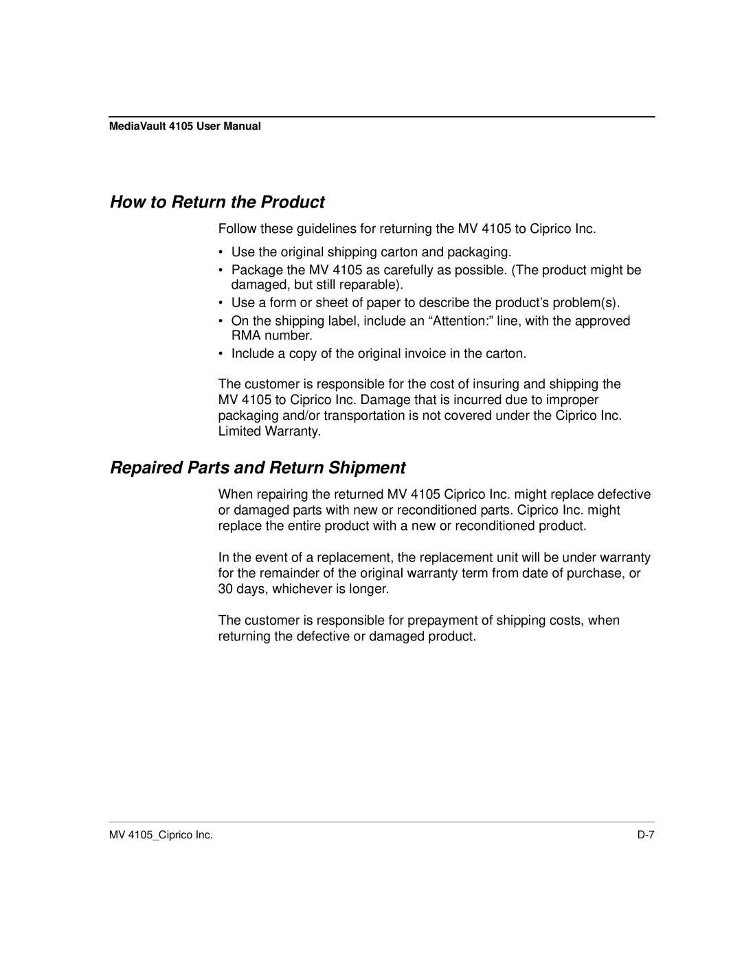 Ciprico 4105 Series user manual How to Return the Product, Repaired Parts and Return Shipment 