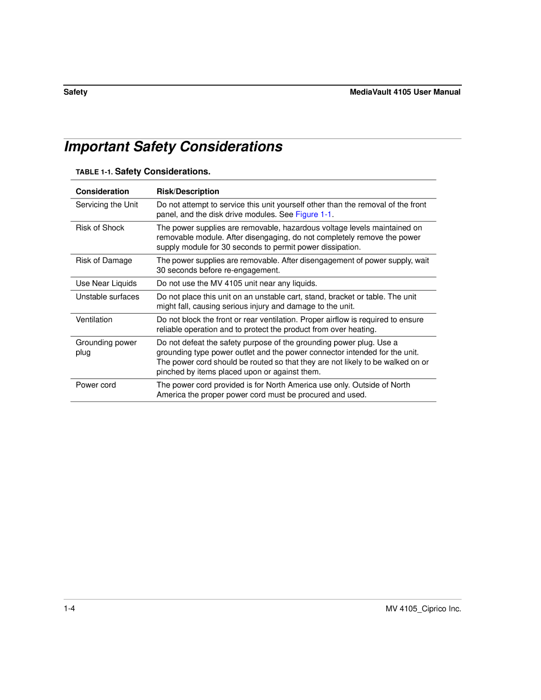 Ciprico 4105 Series user manual Important Safety Considerations, Consideration Risk/Description 