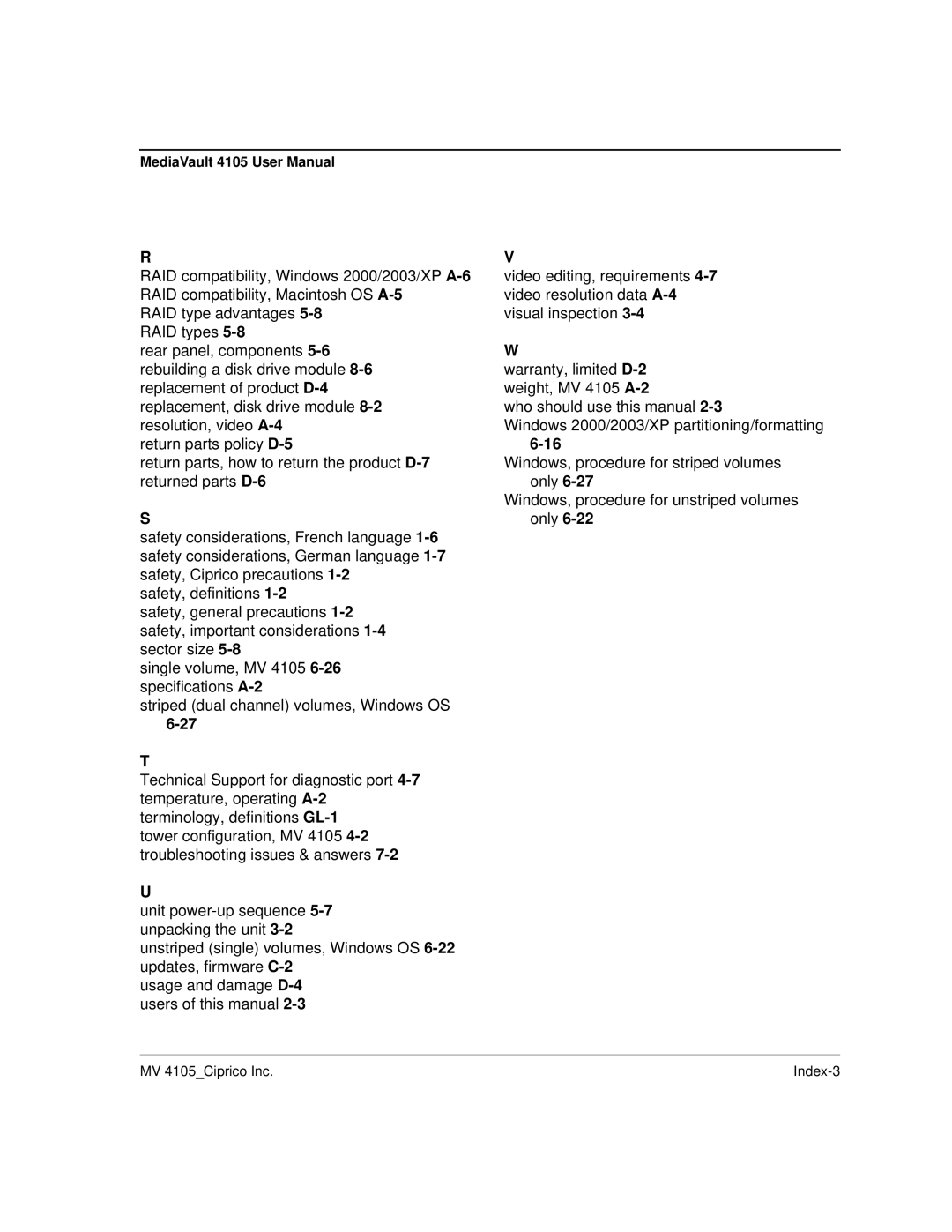 Ciprico 4105 Series user manual MV 4105Ciprico Inc Index-3 