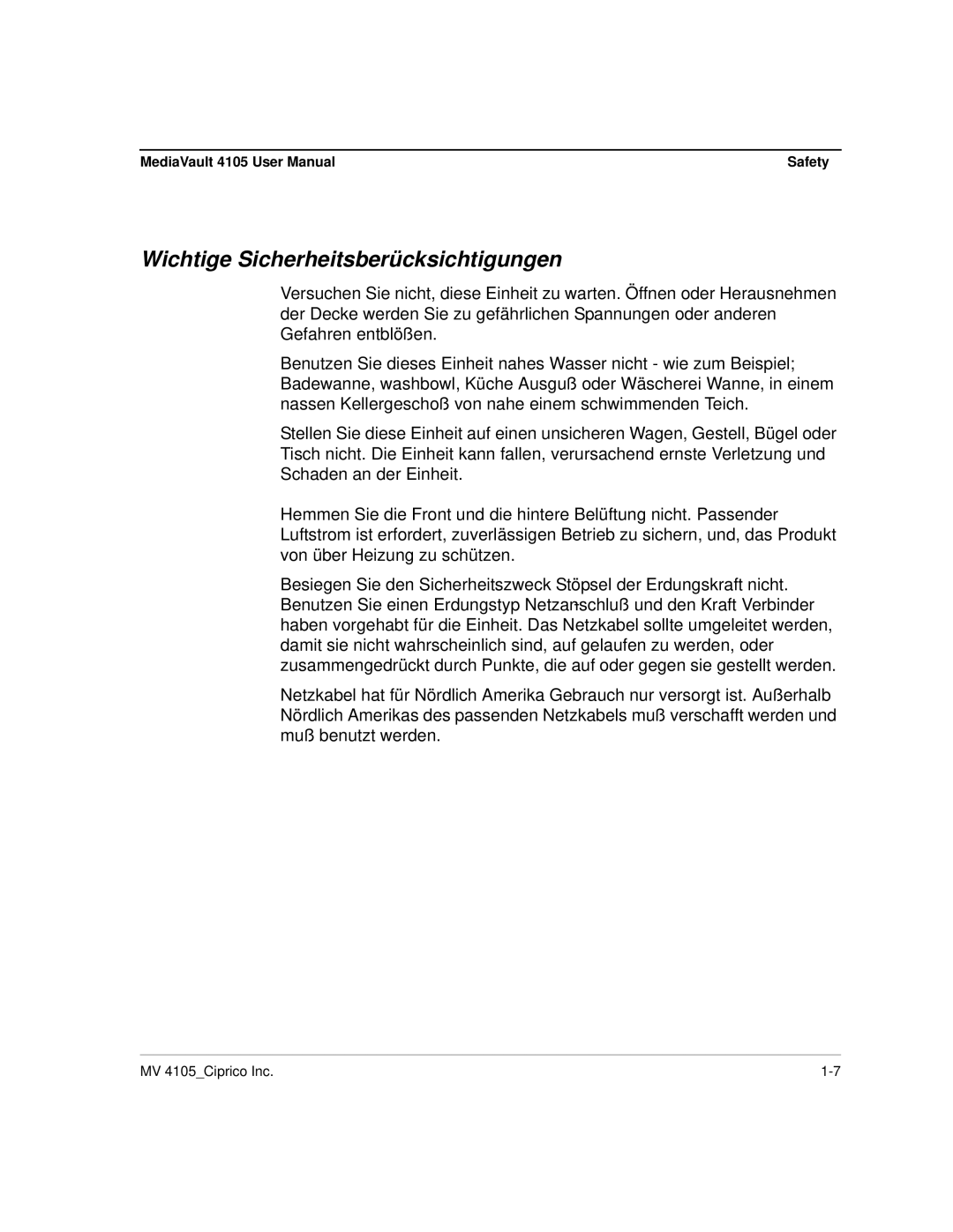 Ciprico 4105 Series user manual Wichtige Sicherheitsberücksichtigungen 