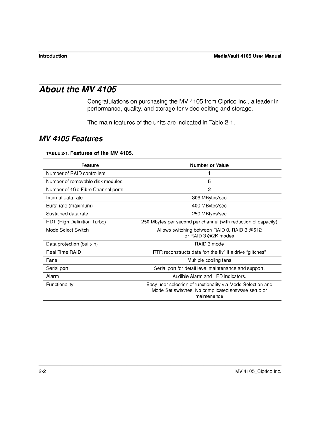 Ciprico 4105 Series user manual About the MV, MV 4105 Features, Features of the MV, Introduction, Feature Number or Value 