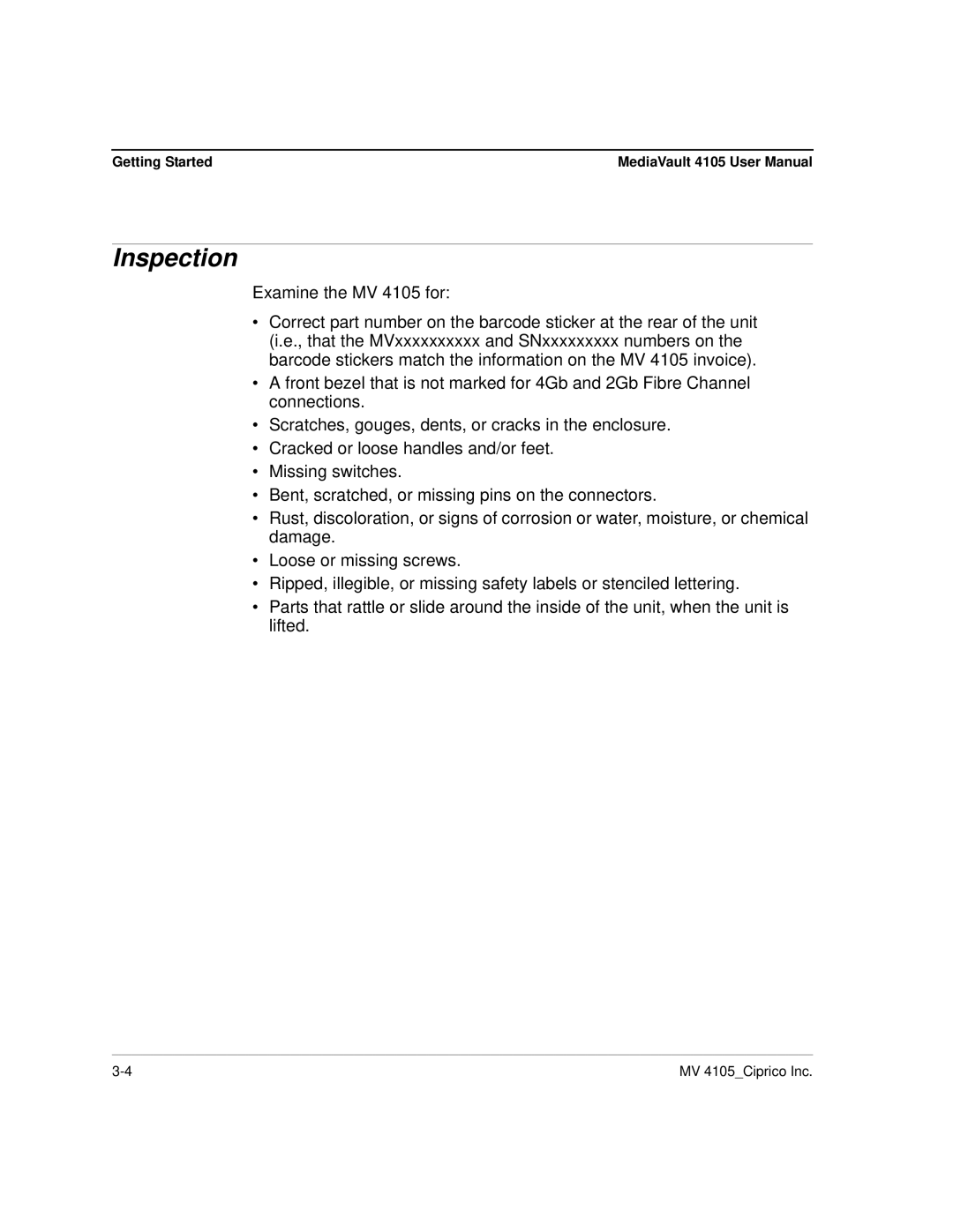 Ciprico 4105 Series user manual Inspection 