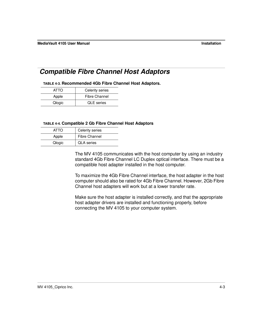 Ciprico 4105 Series user manual Compatible Fibre Channel Host Adaptors, Recommended 4Gb Fibre Channel Host Adaptors 