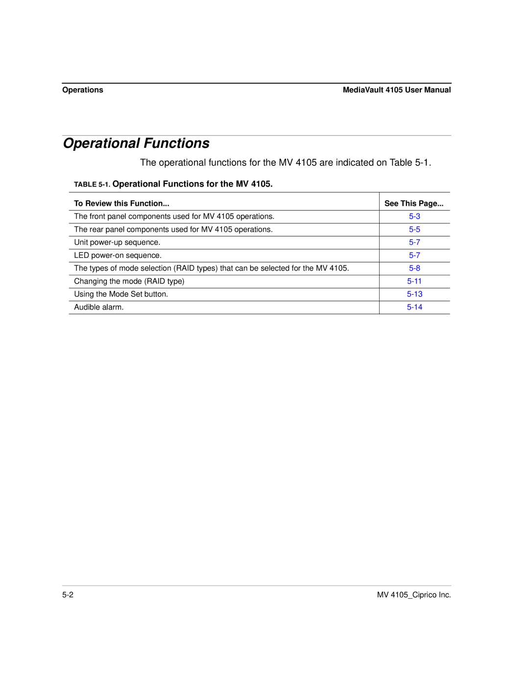 Ciprico 4105 Series user manual Operational Functions for the MV, Operations, To Review this Function See This 