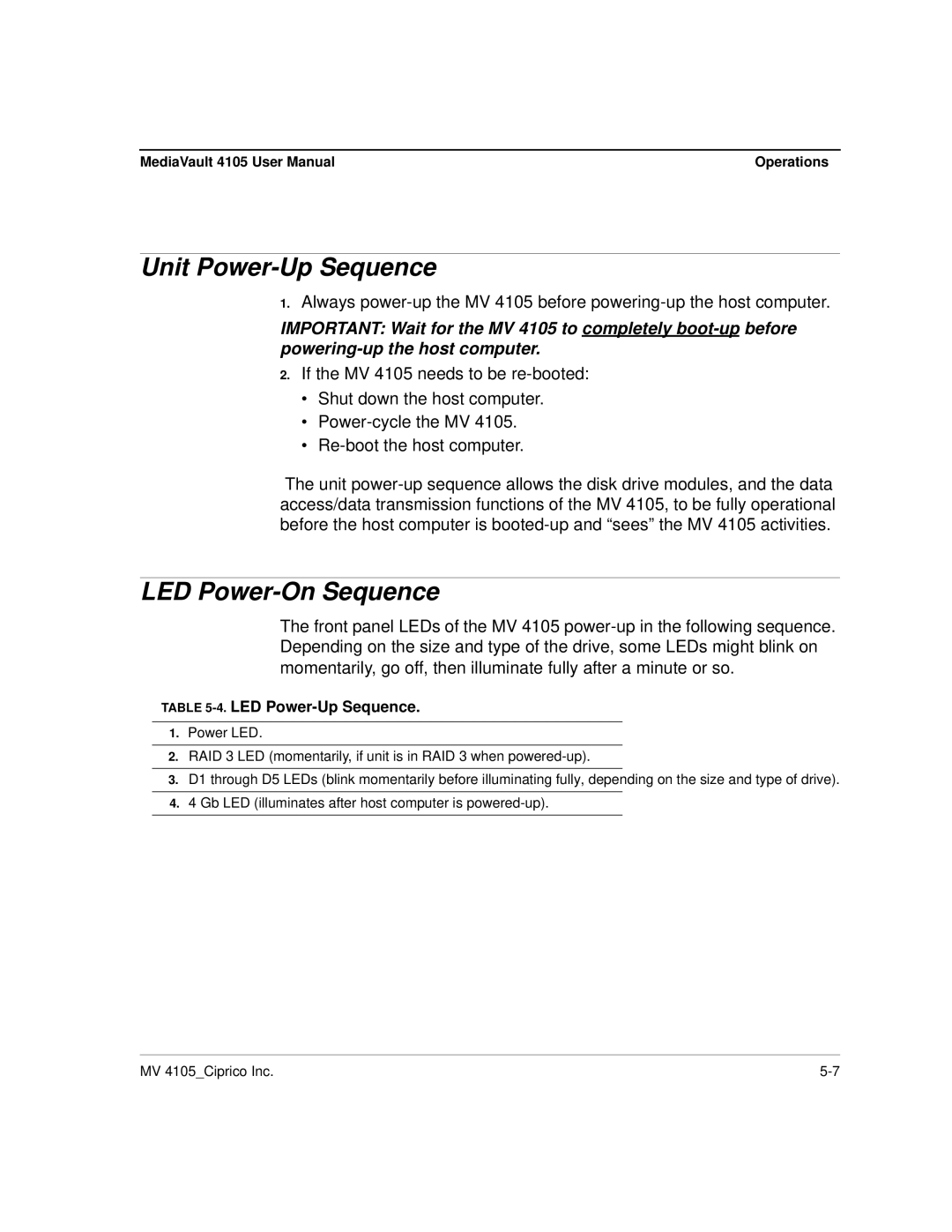 Ciprico 4105 Series user manual Unit Power-Up Sequence, LED Power-On Sequence, LED Power-Up Sequence 