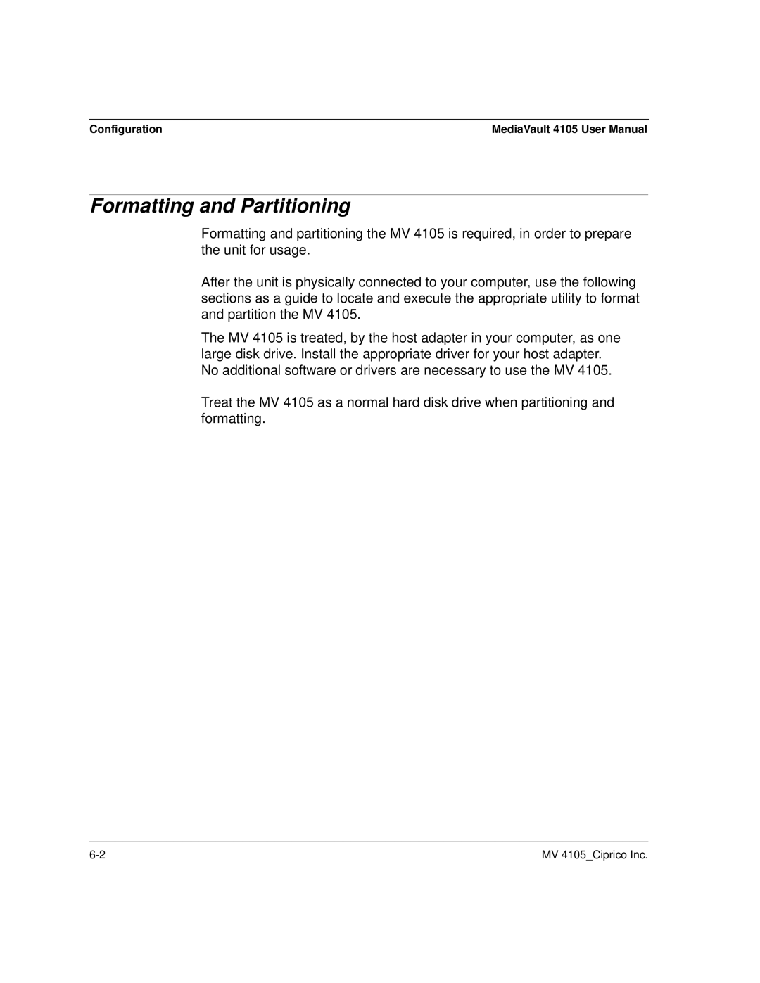 Ciprico 4105 Series user manual Formatting and Partitioning, Configuration 