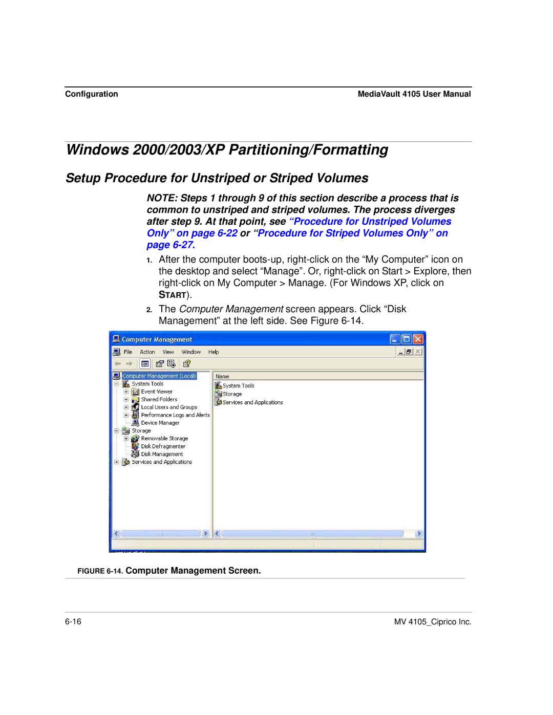 Ciprico 4105 Series Windows 2000/2003/XP Partitioning/Formatting, Setup Procedure for Unstriped or Striped Volumes 