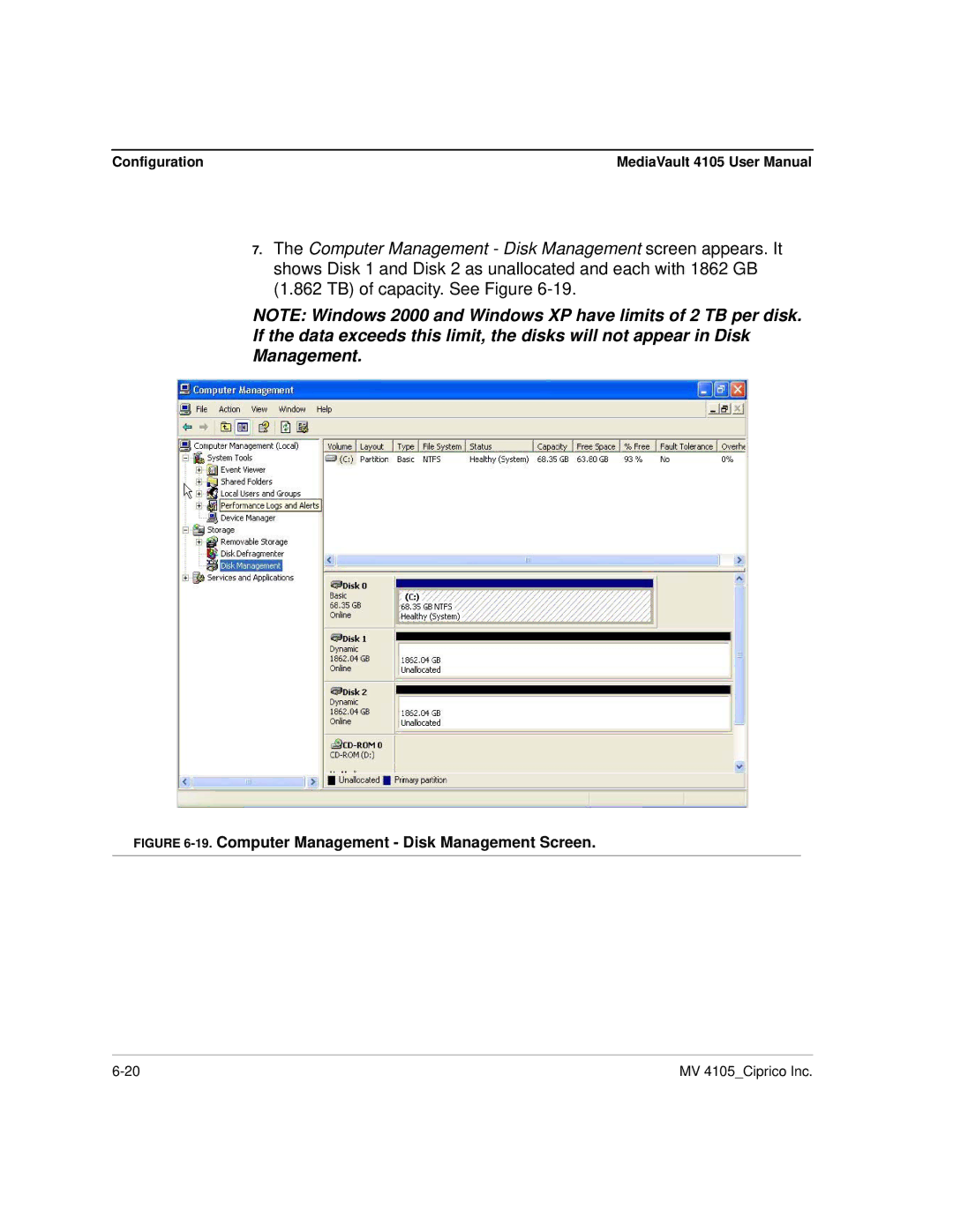 Ciprico 4105 Series user manual Computer Management Disk Management Screen 