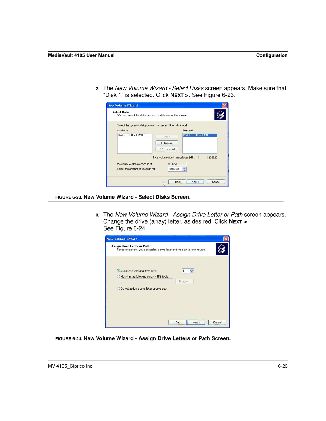 Ciprico 4105 Series user manual New Volume Wizard Select Disks Screen 