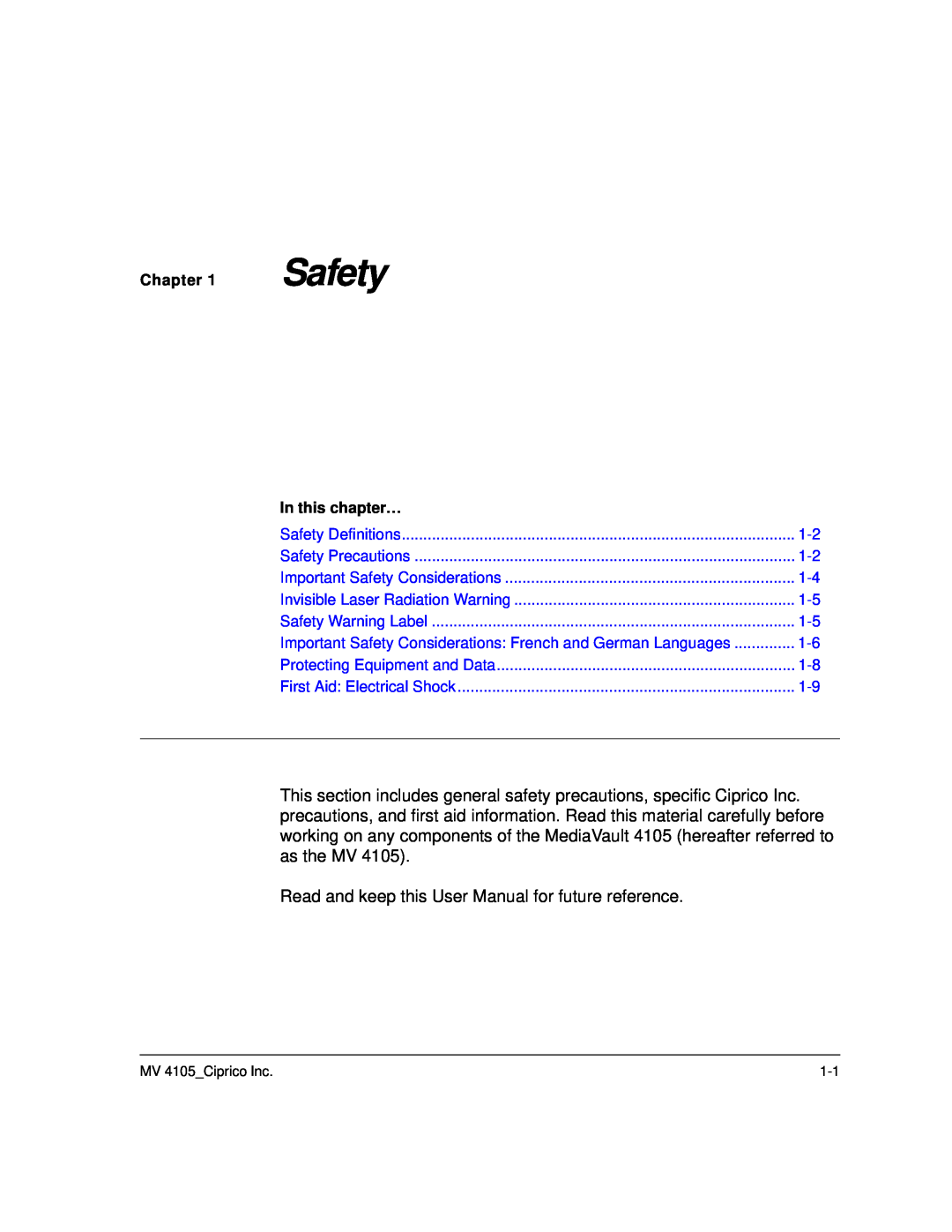 Ciprico 4105 Series user manual Safety 